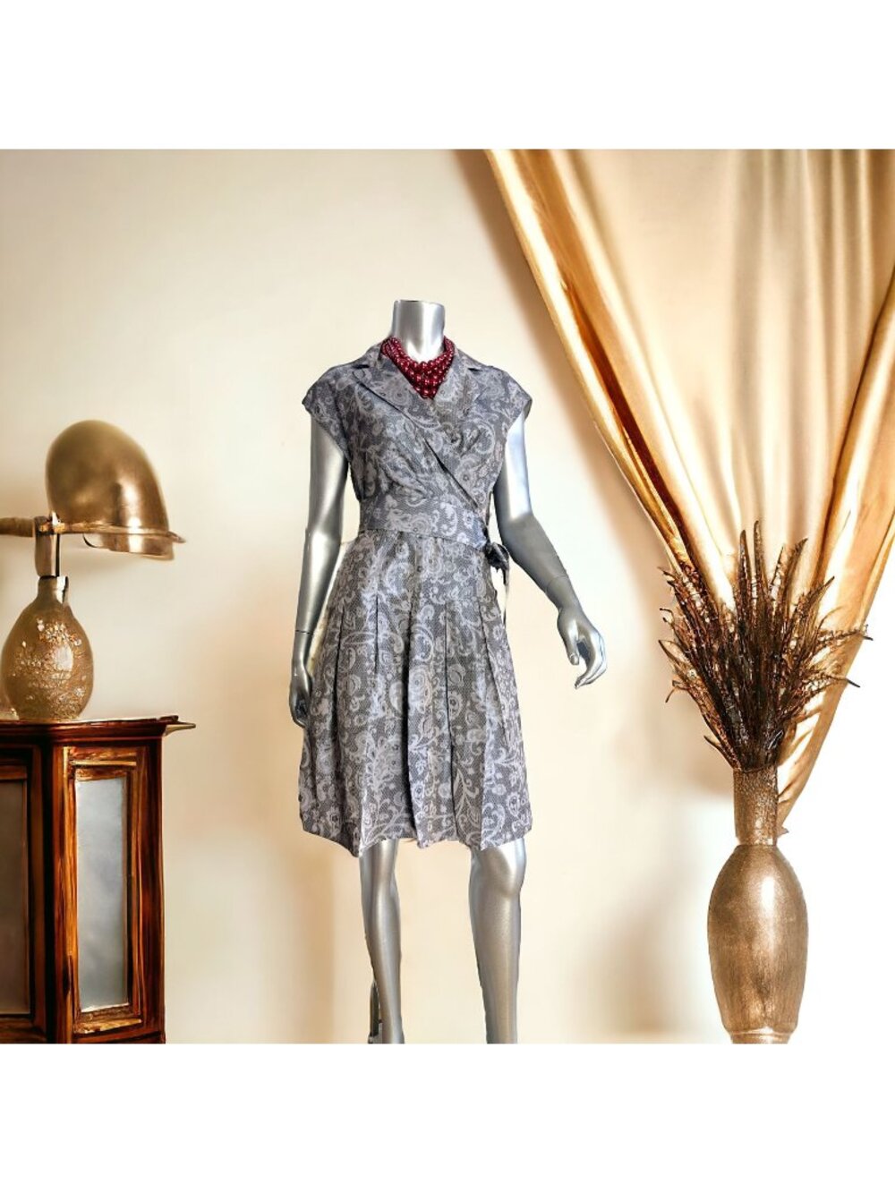 Anne Klein Gray Paisley Fit & Flare Belted Pleated Pocket Dress 4